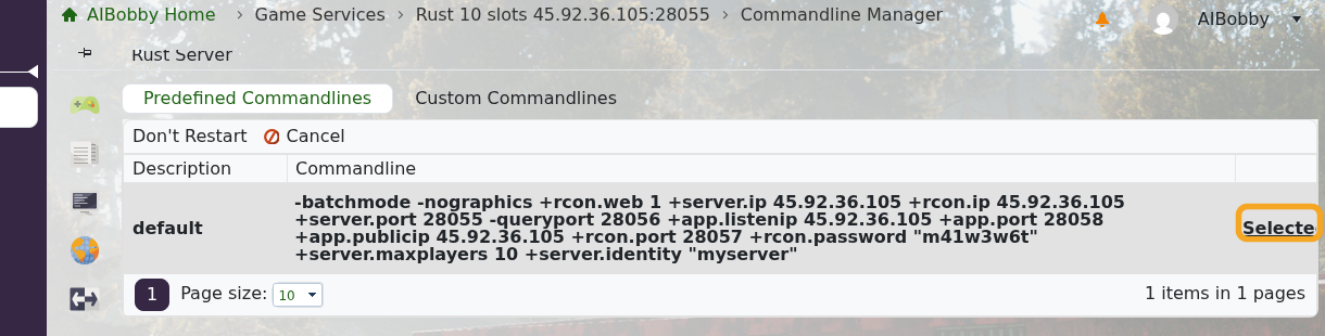 Rust Commandline Manager showing the Selected commandline option