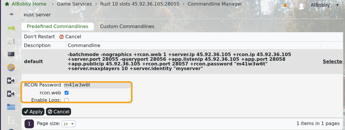 Rust Commandline Manager showing rcon.web enabled