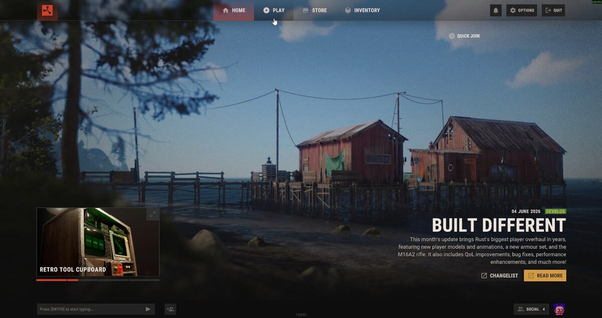 Rust home screen with the Play tab available