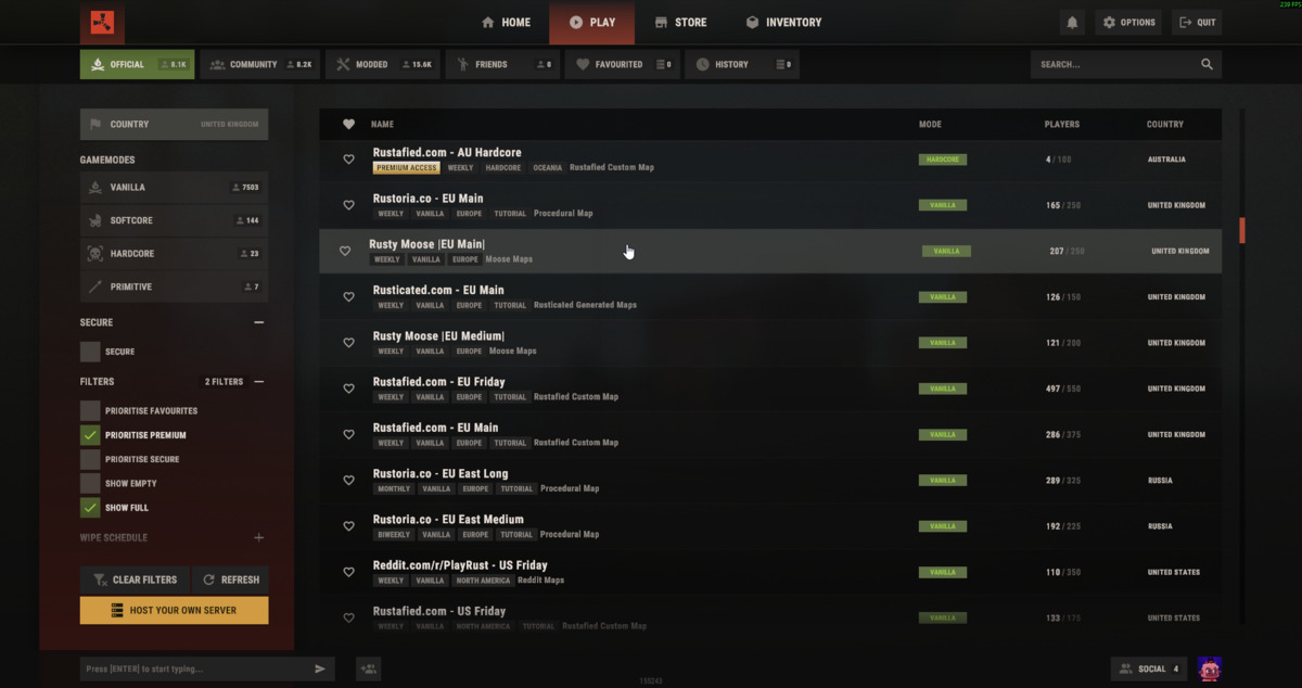 Rust server browser showing the server list