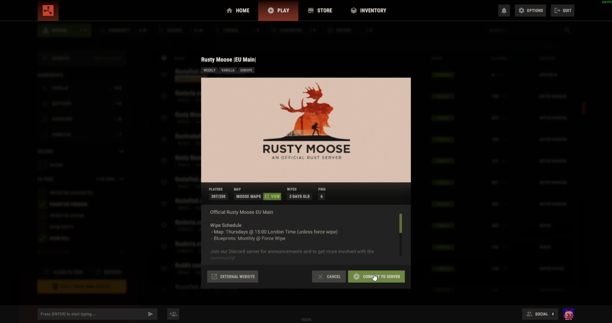 Rust server details window showing Connect to Server