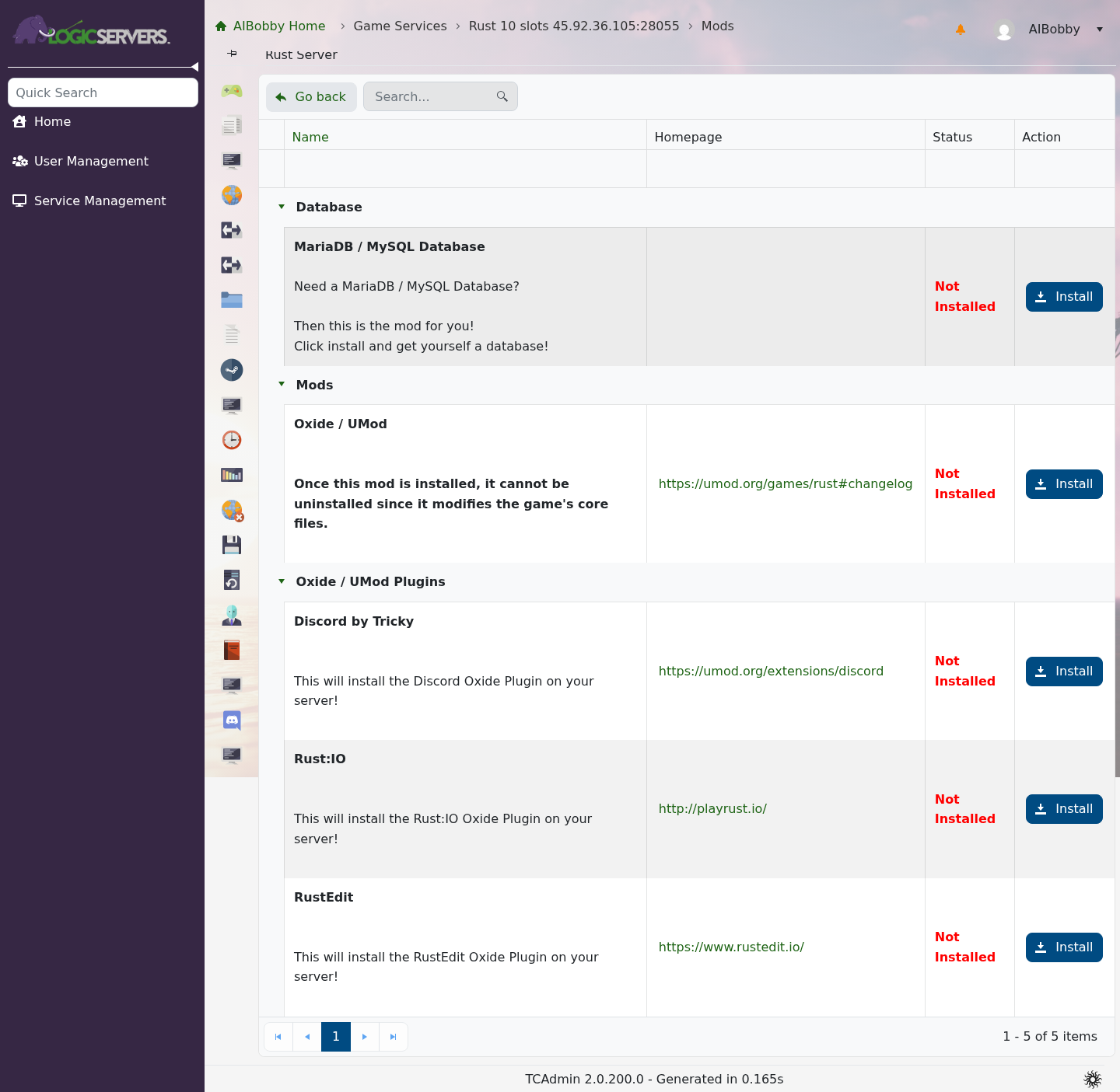 Rust Mod Manager showing the expanded Mods section with Oxide UMod