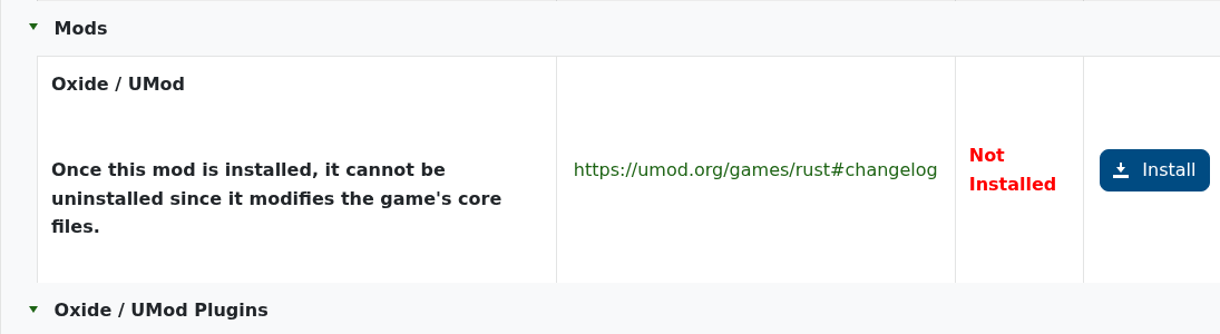 Rust Mod Manager showing the expanded Mods section with Oxide UMod