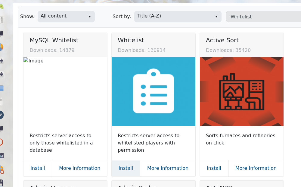 Rust Plugins page filtered to Whitelist plugin results