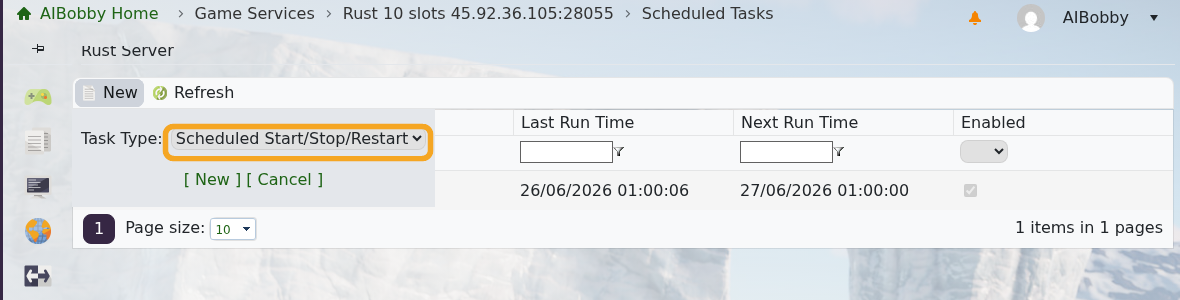 Rust Scheduled Tasks page showing the new task form
