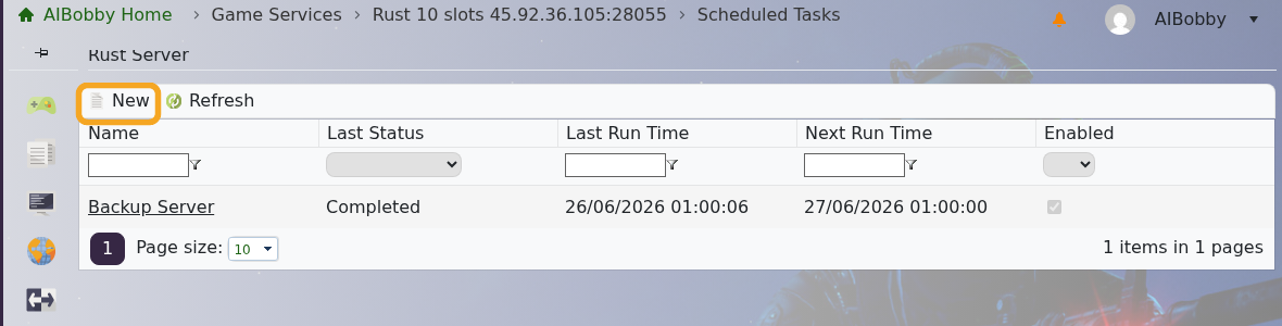 Rust Scheduled Tasks page showing the task list