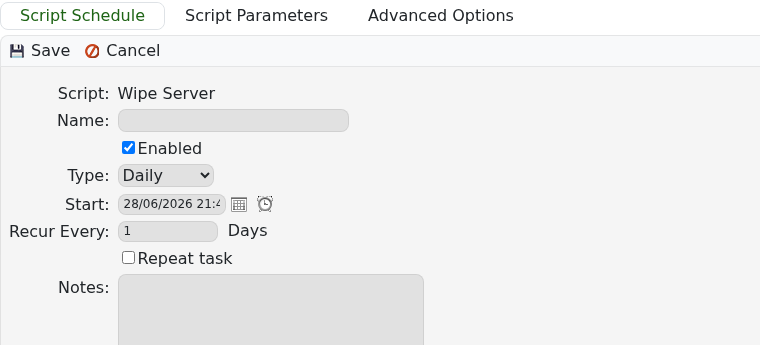 Rust Scheduled Tasks Wipe Server form showing Daily recurrence