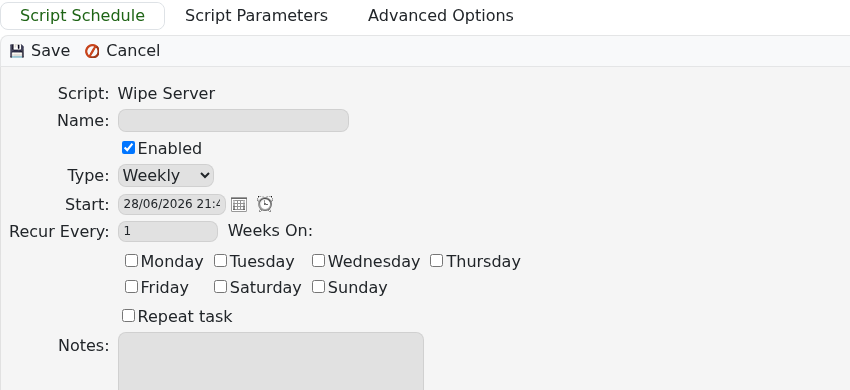 Rust Scheduled Tasks Wipe Server form showing Weekly recurrence