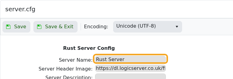 Rust server.cfg Config Editor showing Server Name