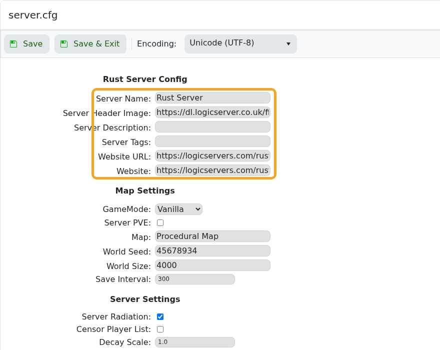 Rust server.cfg Config Editor showing server browser fields highlighted