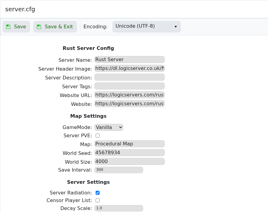 Rust server.cfg Config Editor showing World Seed and World Size