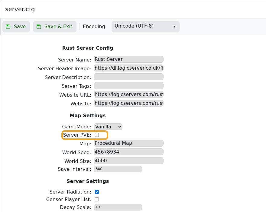 Rust server.cfg Config Editor showing Server PVE highlighted