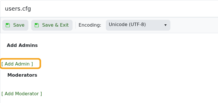 Rust users.cfg Config Editor showing Add Admin