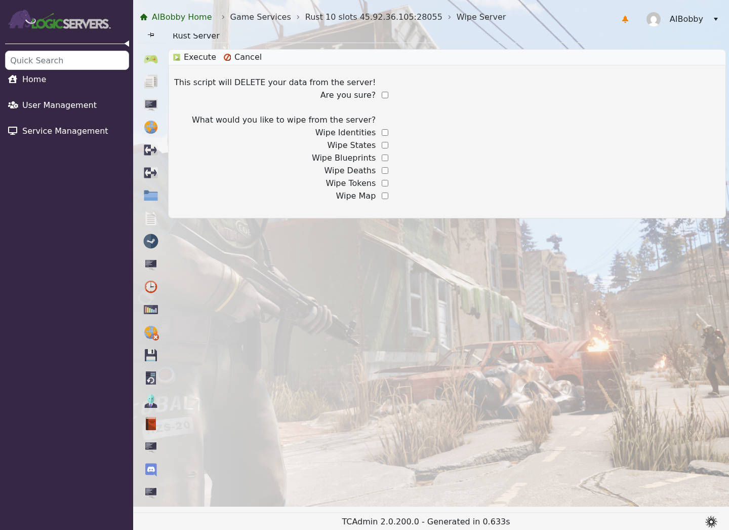 Rust Wipe Server page showing wipe options and Execute button