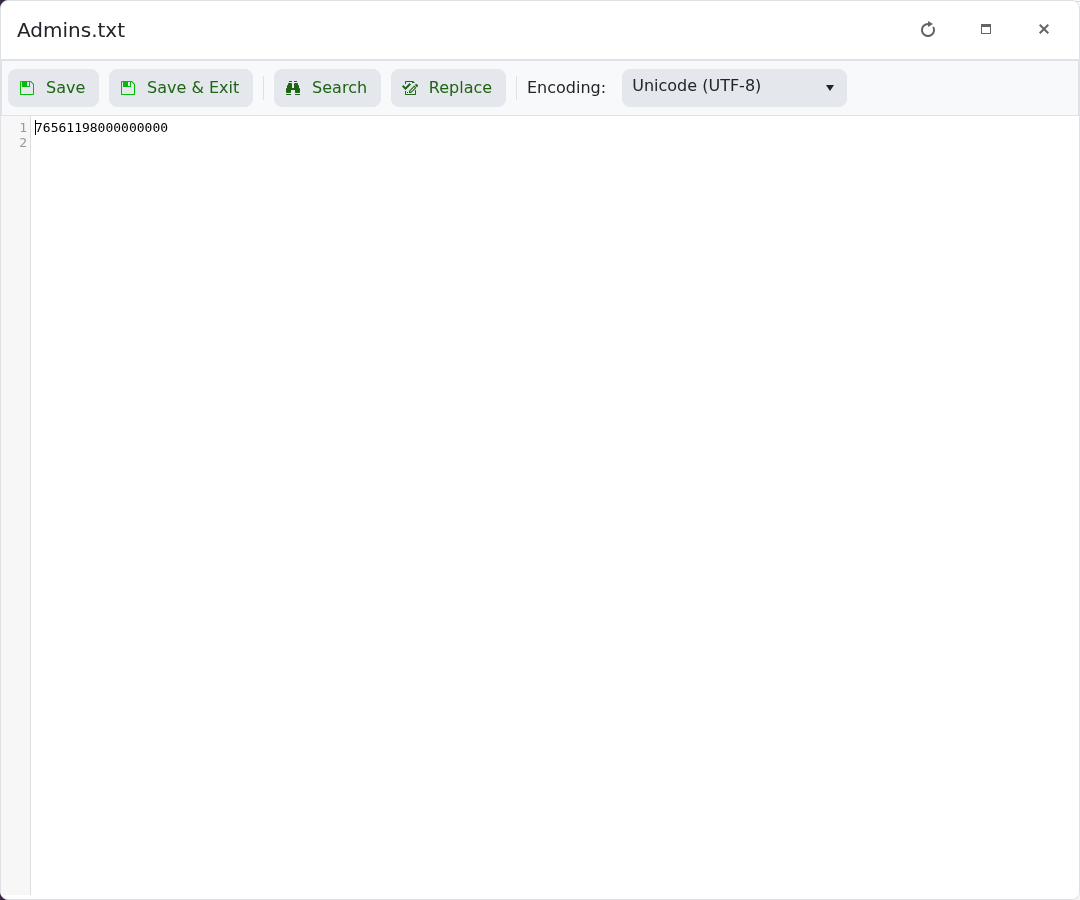 Admins.txt with one example SteamID64 on its own line
