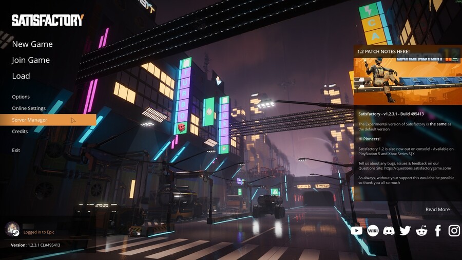 Satisfactory main menu showing Server Manager