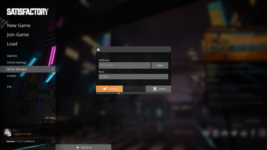 Satisfactory Add Server popup
