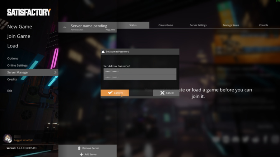 Satisfactory Set Admin Password popup