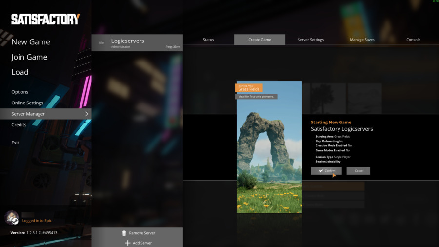 Satisfactory Create Game confirmation