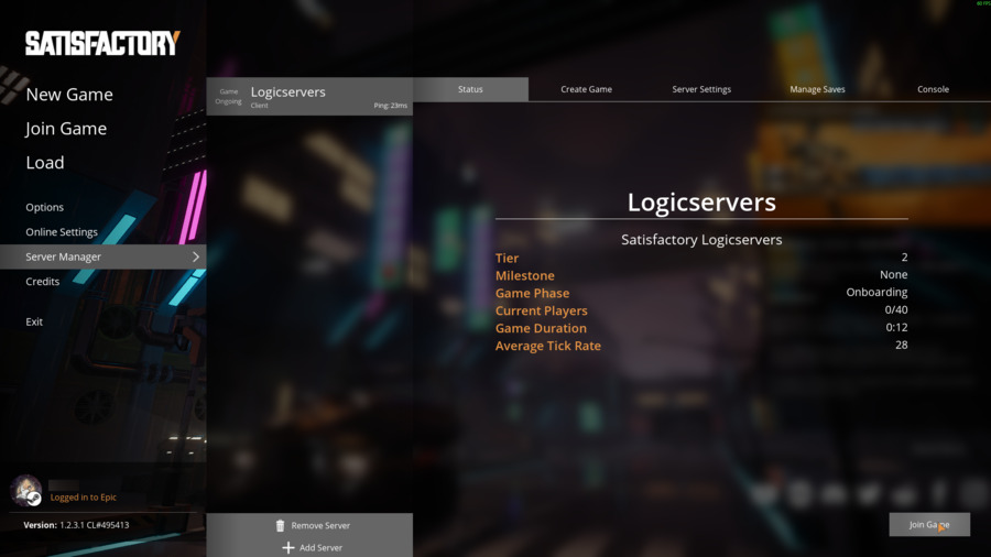 Satisfactory Server Manager status page