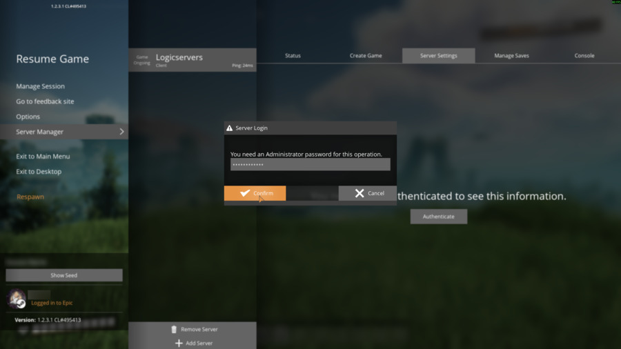 Satisfactory Server Settings admin password prompt