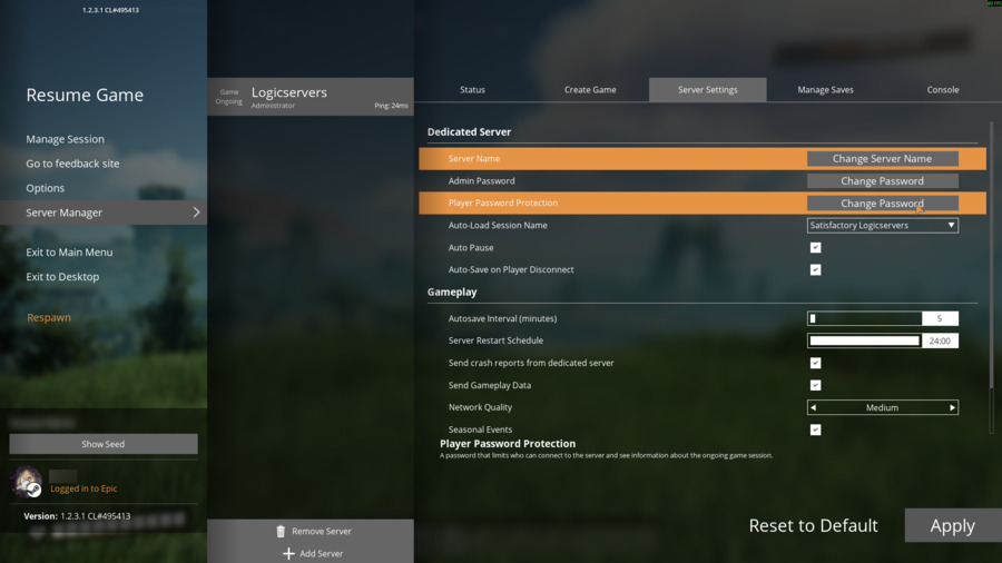 Satisfactory Server Settings page