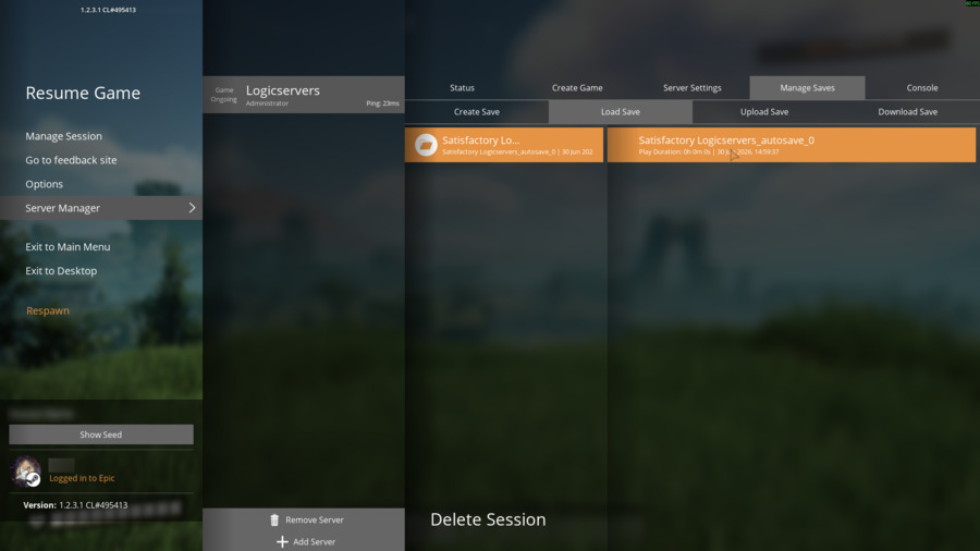 Satisfactory Manage Saves tab showing available saves