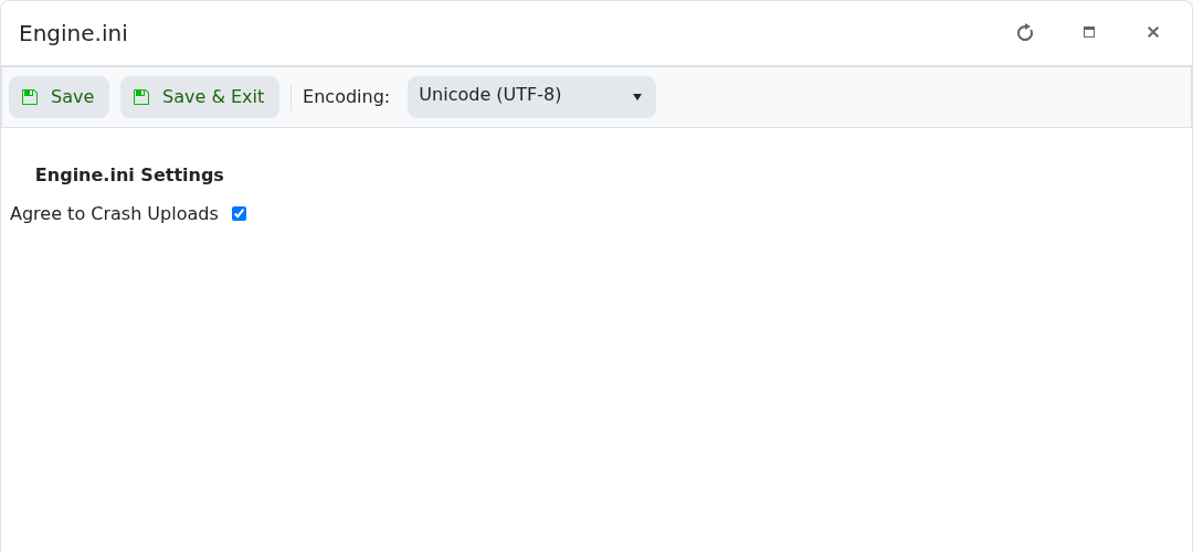 Satisfactory Engine.ini Config Editor showing Agree to Crash Uploads