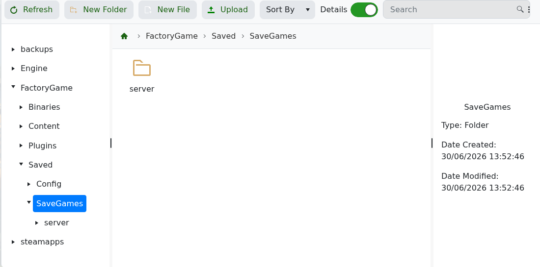 Satisfactory File Manager showing SaveGames server folder