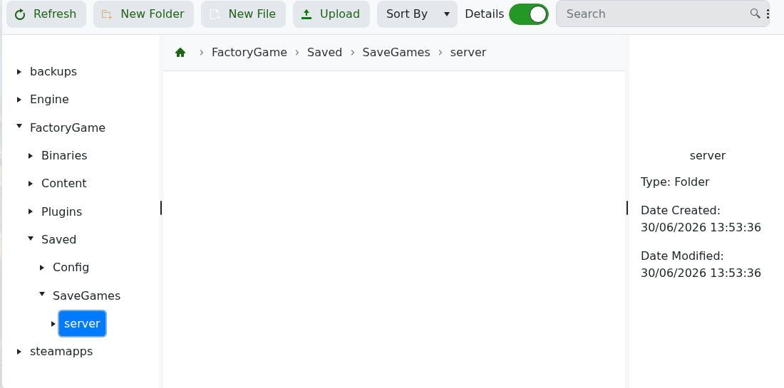 Satisfactory File Manager opened inside SaveGames server folder
