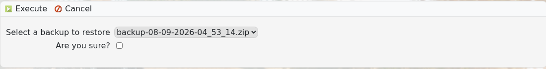 Smalland Restore Backup form with backup selector and confirmation checkbox