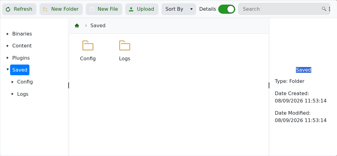 Smalland File Manager showing the Saved folder