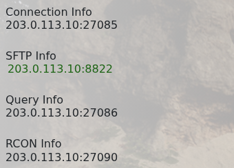 Sons of the Forest game, SFTP, query and RCON connection information in TCAdmin