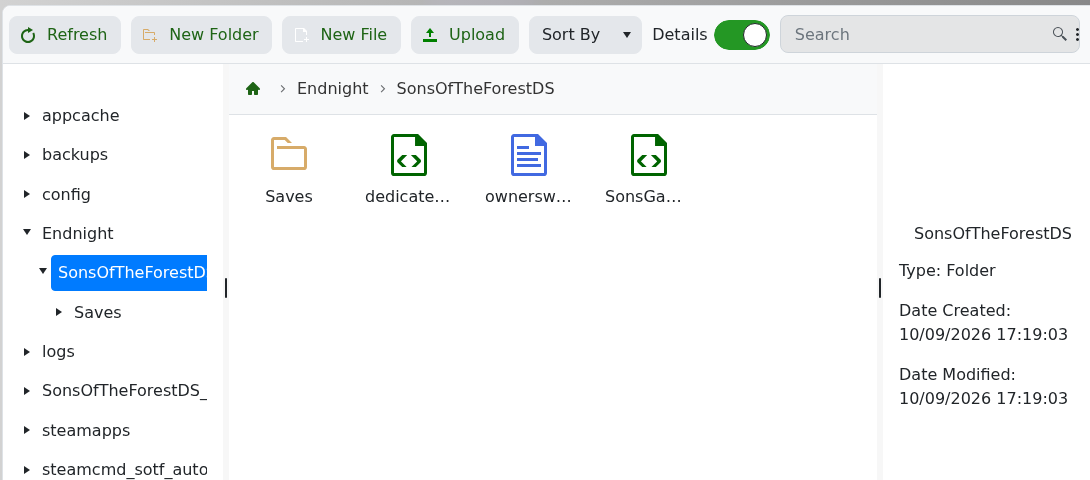 Sons of the Forest dedicated server data folder in TCAdmin File Manager