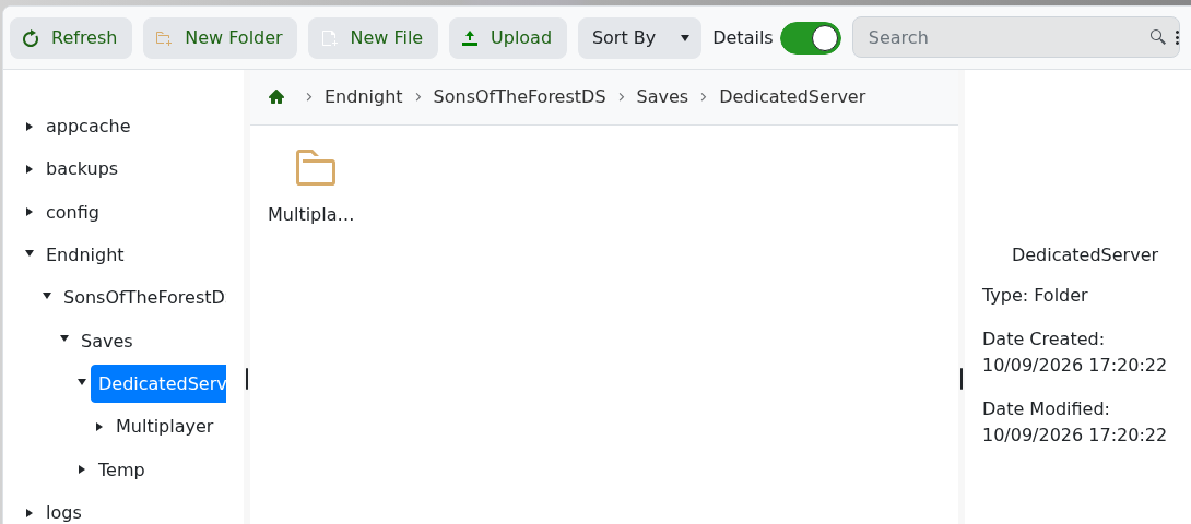 Sons of the Forest dedicated Multiplayer save folder in TCAdmin File Manager