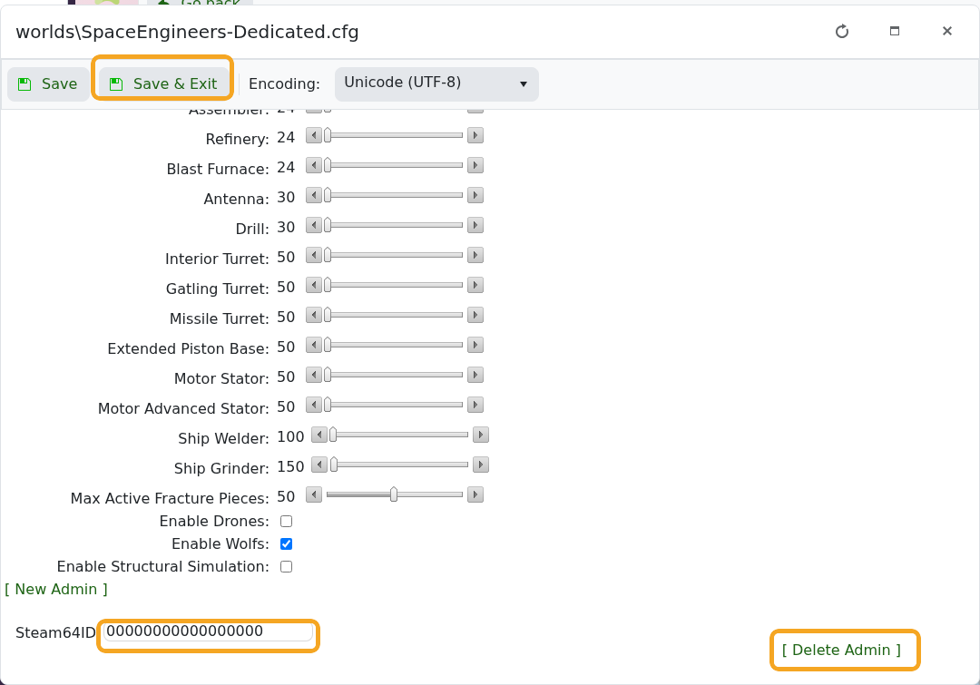Space Engineers Config Editor Steam64ID admin row and delete button