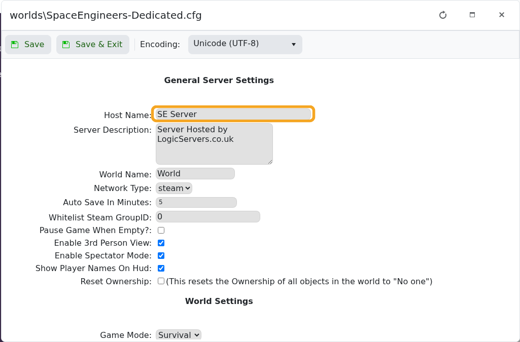 Space Engineers Config Editor showing Host Name
