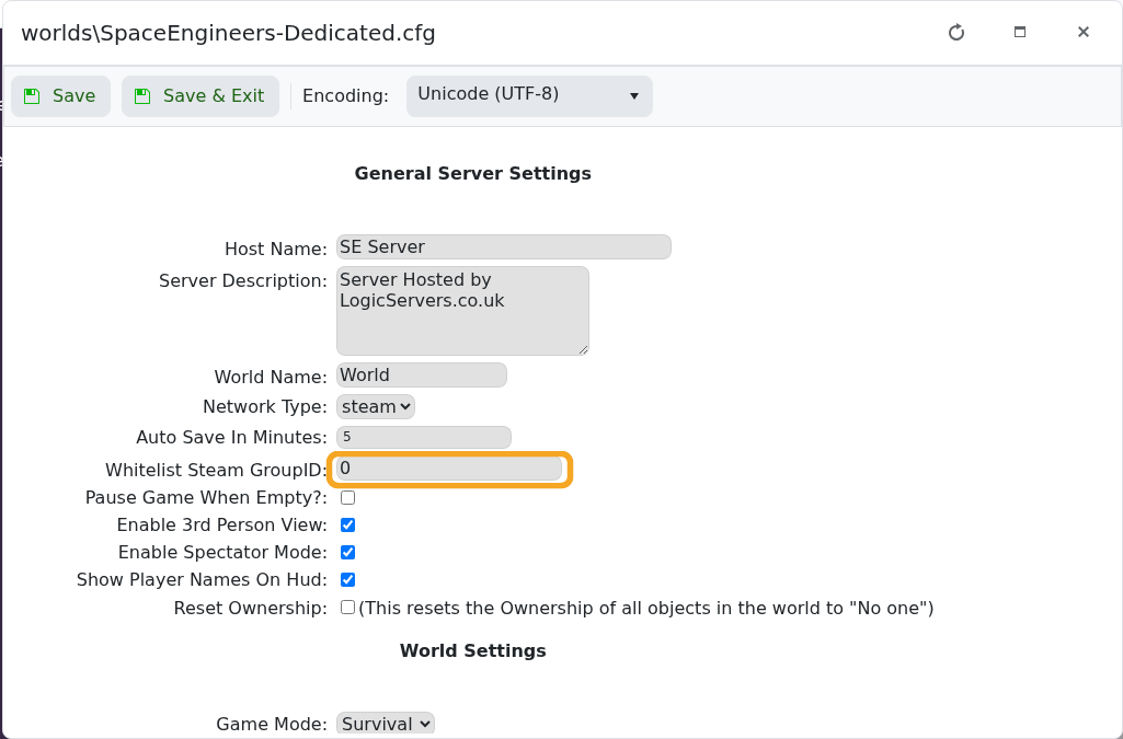 Space Engineers Config Editor showing Whitelist Steam GroupID