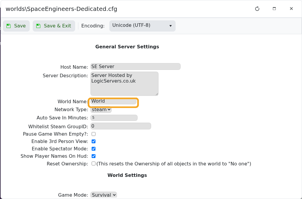 Space Engineers Config Editor showing World Name
