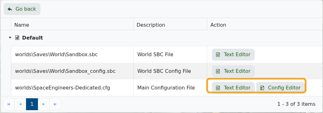 Space Engineers Configuration Files showing SpaceEngineers-Dedicated.cfg Config Editor