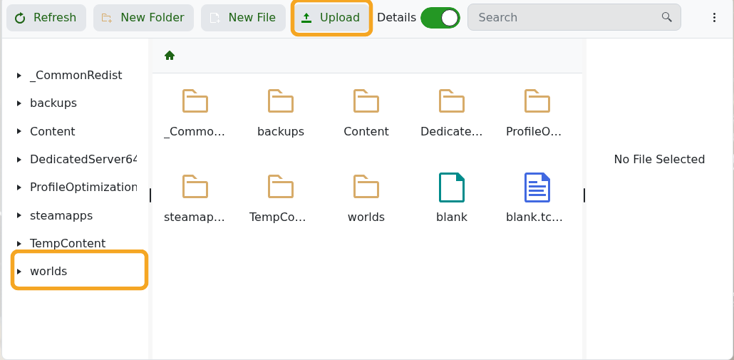 Space Engineers File Manager showing the worlds folder and Upload button