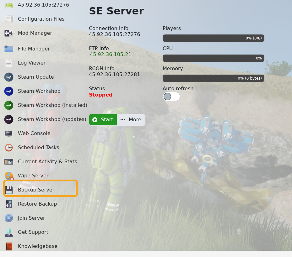 Space Engineers control panel showing Backup Server