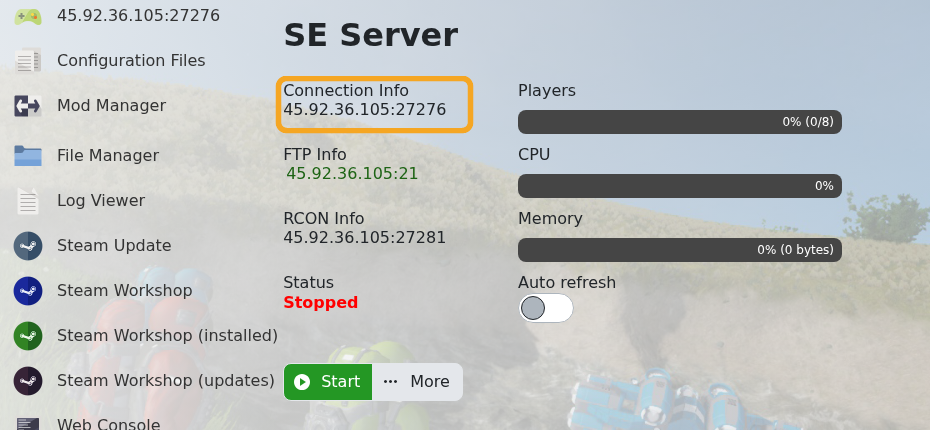 Space Engineers control panel showing Connection Info