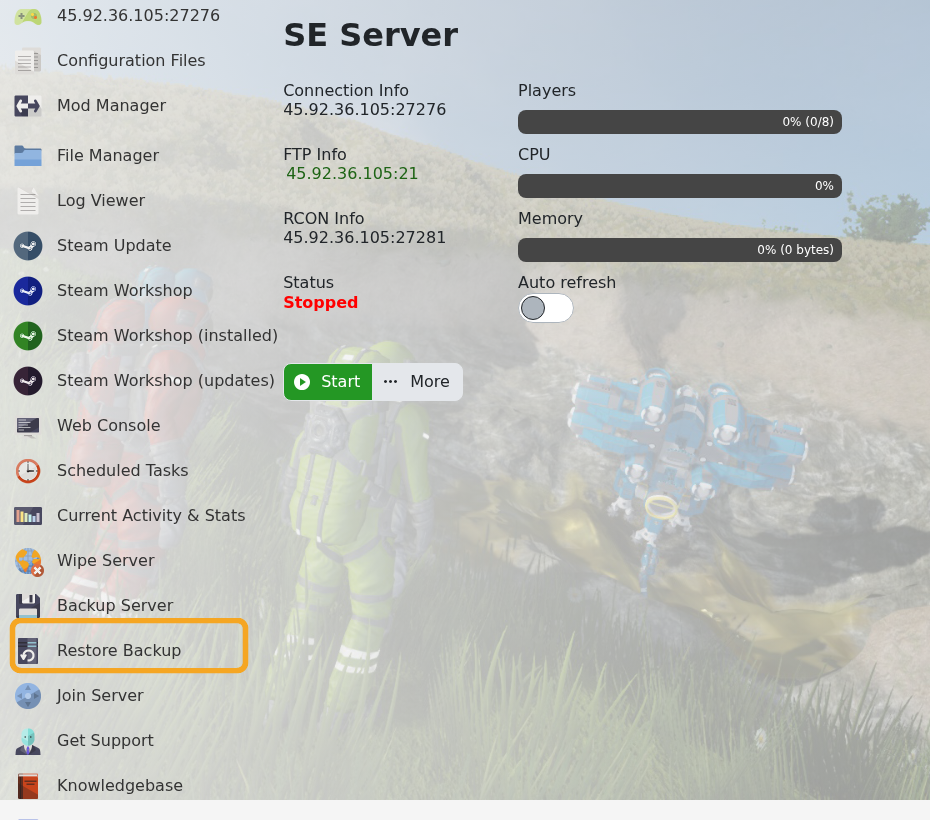 Space Engineers control panel showing Restore Backup