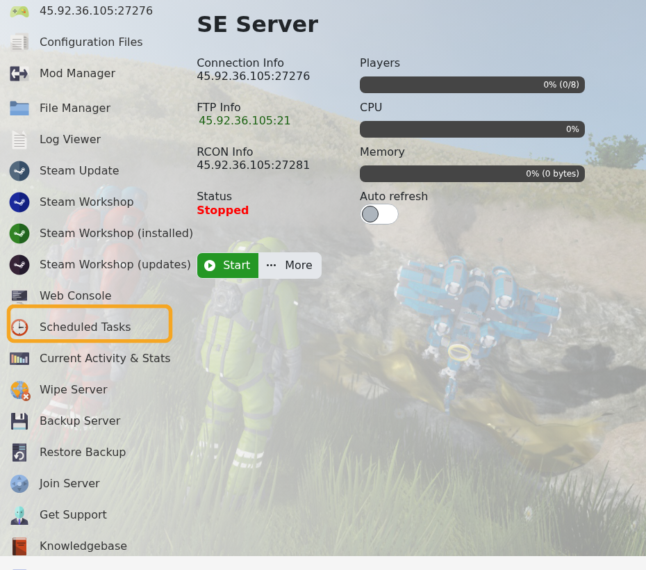 Space Engineers control panel showing Scheduled Tasks
