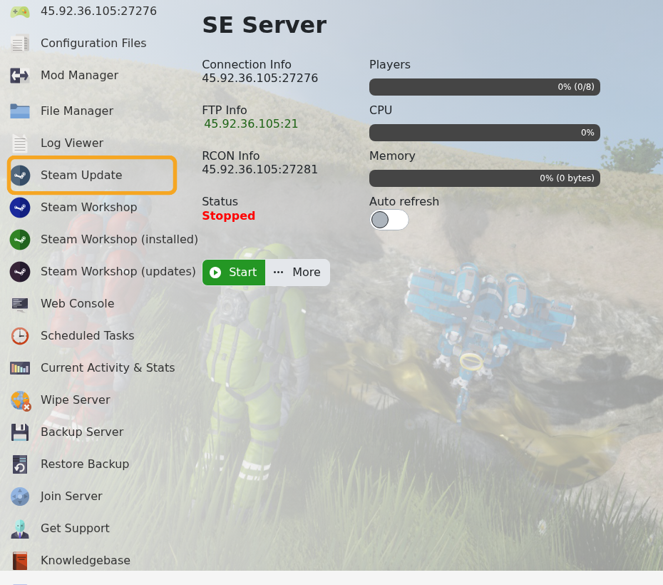 Space Engineers control panel showing Steam Update