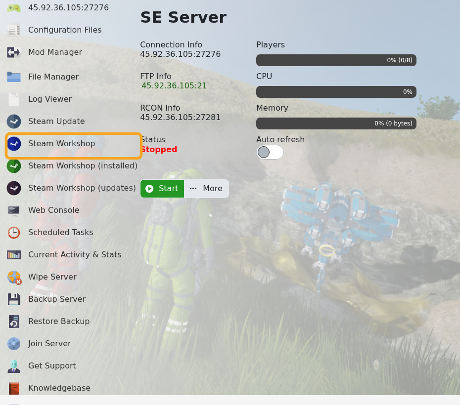 Space Engineers control panel showing Steam Workshop