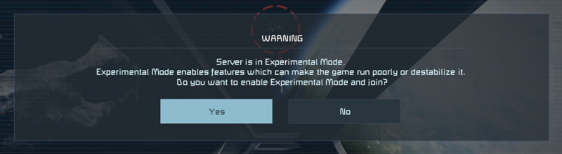 Space Engineers Experimental Mode warning before joining