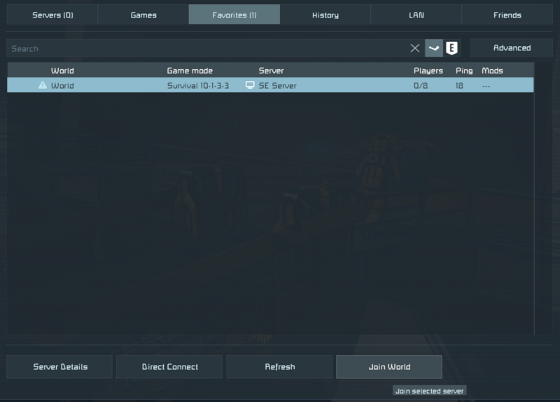 Space Engineers Favorites tab showing the saved server