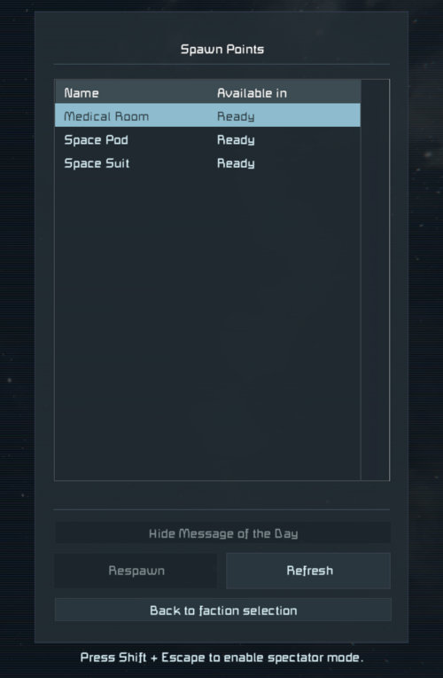 Space Engineers spawn point menu after joining server